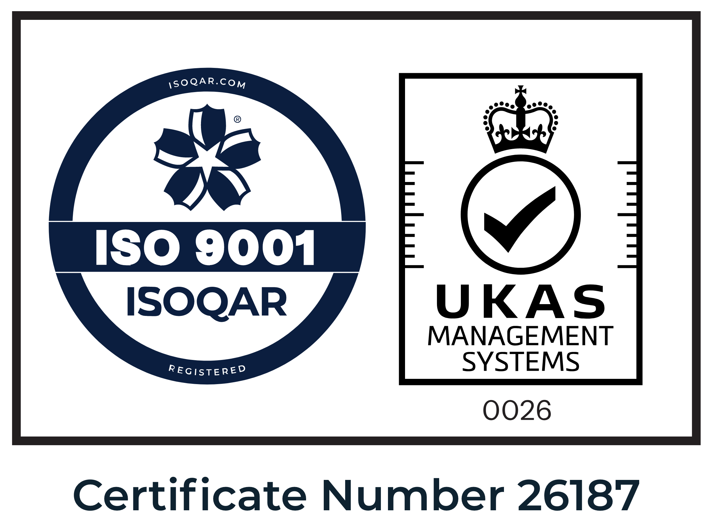 ISO 9001 registered, UKAS Management Systems. Certificate number 26187